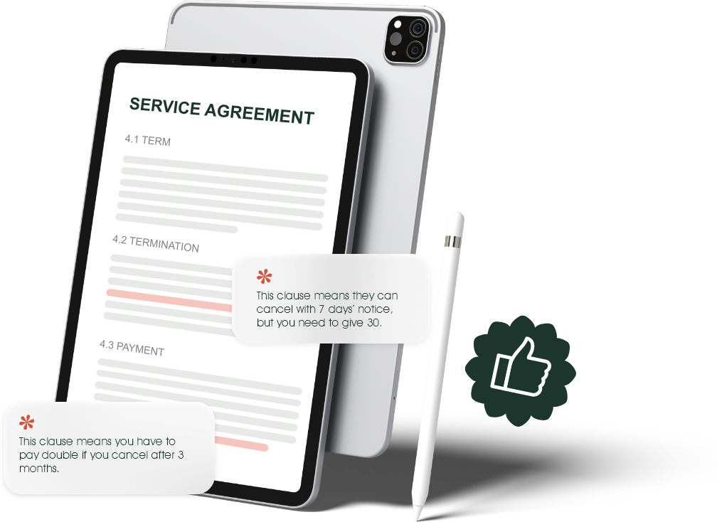 A tablet showing a Service Agreement, with Shap’t callouts explaining that the other party can cancel with 7 days’ notice while you must give 30, and that you pay double if you cancel after 3 months.